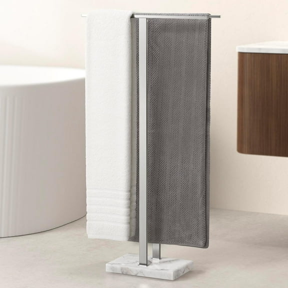 Tall Freestanding Towel Rack with Marble Base and Brushed Stainless Steel T-Shape Bars, 37 Inches High