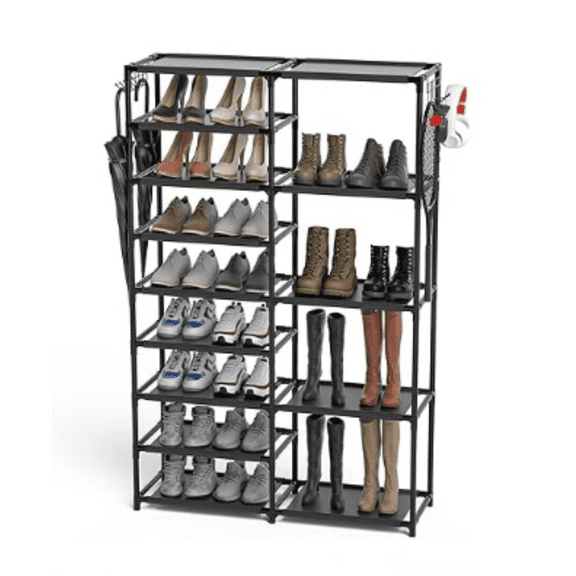 Tall Garage Shoe Rack Large Capacity,Two Rows Versatile Hooks Storage Boot Shelf Black 24-35 Pairs
