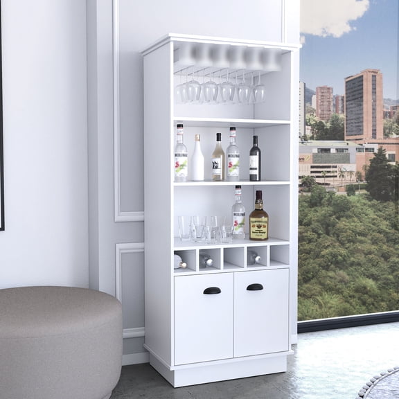 Tall Glass Bar Cabinet for Storage | Vertical Storage in Primary Spaces | Particle Board Construction | Match Home Style