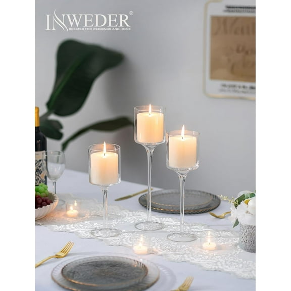 Tall Glass Candle Holder Set of 3  Tea Lights for Table Centerpiece, Elegant Floating Long Stem Candle Holders for Wedding, Event, Home