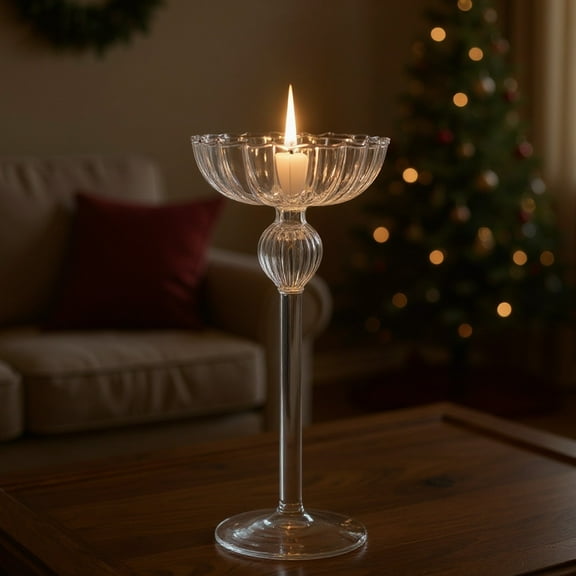 Tall Glass Candle Holders Striped Candelabra Cup For Romantic Candlelight Dinner Wedding Or Home Decor Multiple Heights Available, Clear Glass, 24x9cm Size, Elegant Design