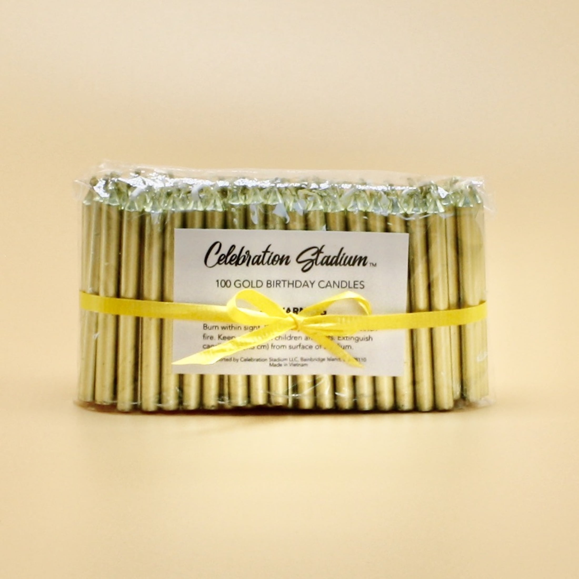 Tall Gold Birthday Candles, 100 Set, Celebration Stadium, Slow Burning