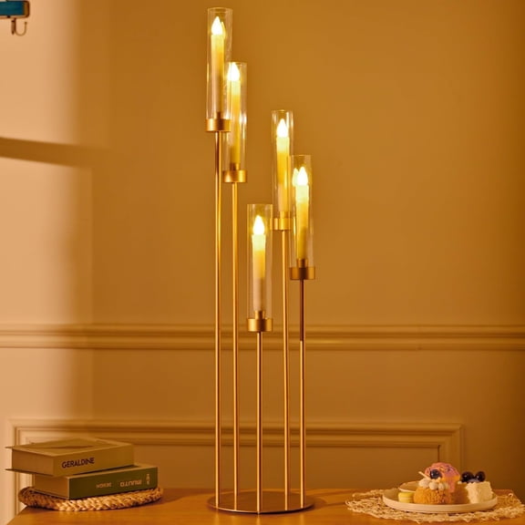Tall Gold Floor Candelabra Candle Holders Set of 2, 5-Arm Design with Acrylic Shade, Stylish Floor Accent for Weddings, Parties, or LED Candle Display