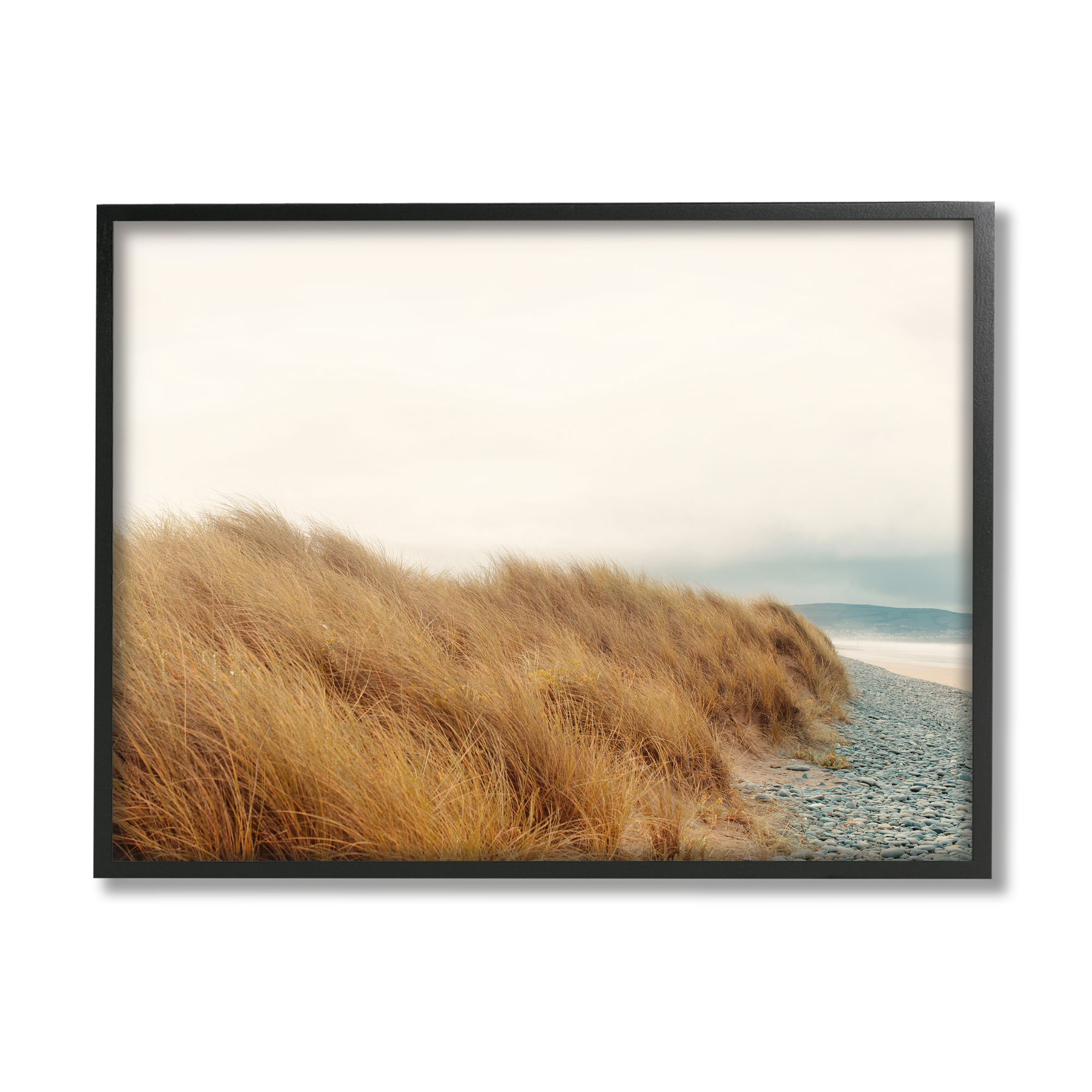 Tall Grass Windy Ocean Scene Pebble Coast Beach 30 in x 24 in Framed Photography Art Prints, by Stupell Home Décor