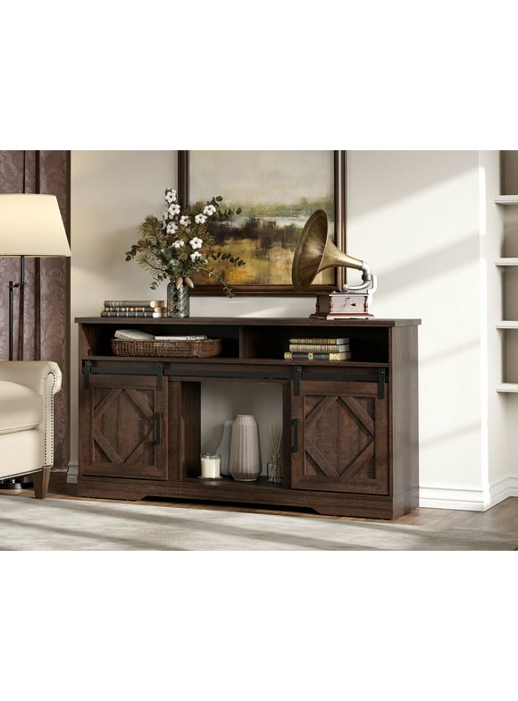 Tall Highboy TV Stand with Sliding Doors for TVs up to 65", Brown