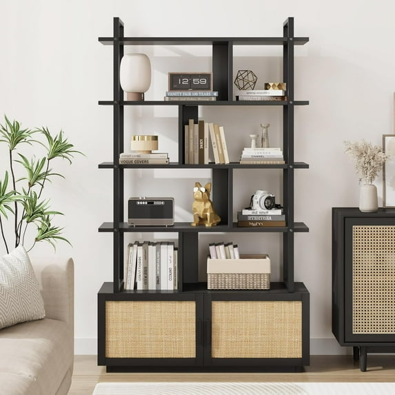 Tall Industrial Style 5-Tier Rattan Bookcase Storage Cabinet Open Display Shelves Metal Frame Design