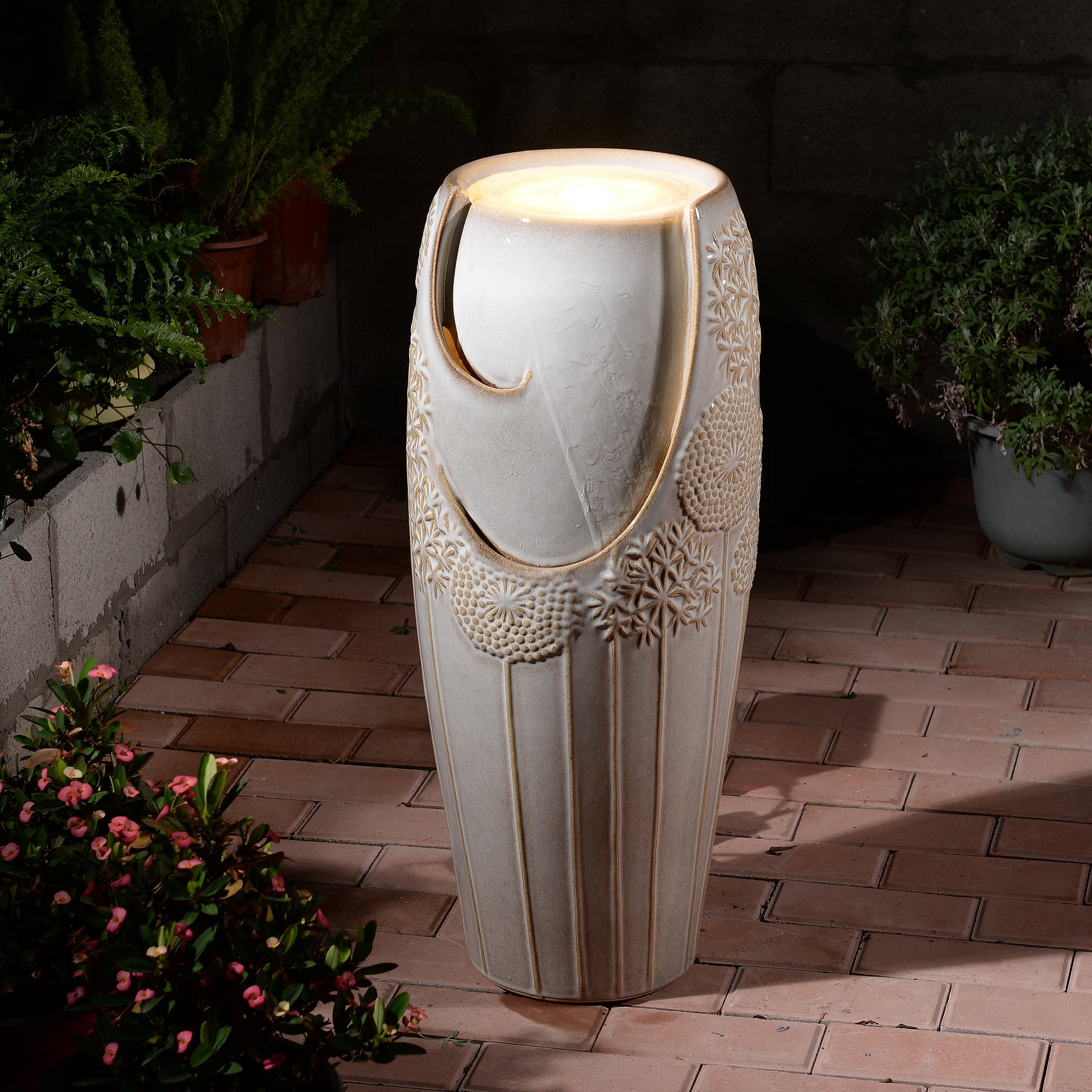 Tall Ivory Ceramic Floral Cascade Fountain, Decorative Water Fountain with LED Lights and Quiet Pump, Indoor Outdoor Water Feature for Patio, Garden, Deck, Balcony, Office and Home Décor