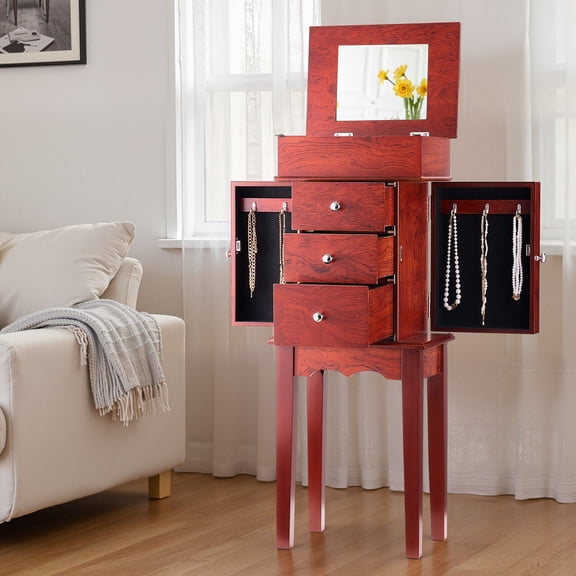 Tall Jewelry Storage Chest, 3-Drawer Organizer with Hanging Mirror, Freestanding Cabinet for Bracelets and Accessories