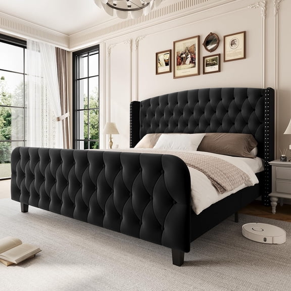 Tall King Size Bed Frame with Deep Button Tufted Wingback Headboard and Footboard, Velvet Upholstered Platform Bed Frame, No Box Spring Needed, Black