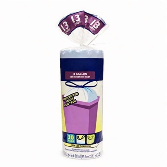 Tall Kitchen Bags - 13 Gallon, 30 Bags, .8 Mil, Drawstring, Unscented, White Color, Pack of 1