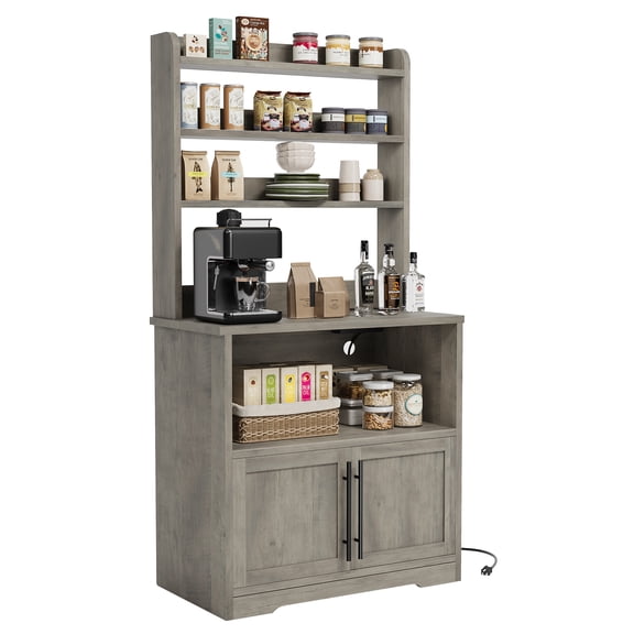 Tall Kitchen Bakers Rack with Built-In Power Station, Thick Countertop Storage Cabinet, Freestanding Microwave Stand with Open Shelves & Enclosed Base, Gray Pear Wood Organizer for Dining Room