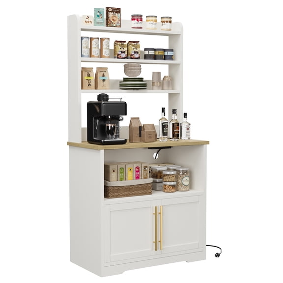 Tall Kitchen Bakers Rack with Built-In Power Station, Thick Countertop Storage Cabinet, Freestanding Microwave Stand with Open Shelves & Enclosed Base, White Pear Wood Organizer for Dining Room