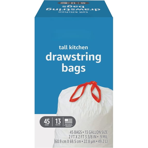 Tall Kitchen Drawstring Trash Bags, 13 Gallon, Unscented, 45 Count