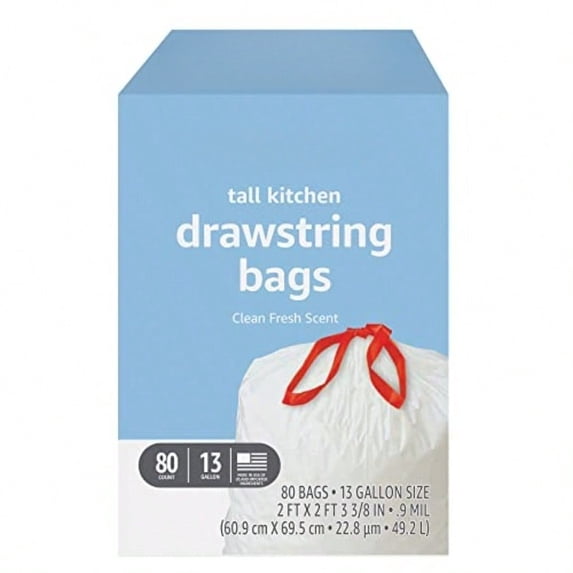 Tall Kitchen Drawstring Trash Bags, Clean Fresh Scent, 13 Gallon, Odor Control, 0.9 mil Thickness, 80 Count
