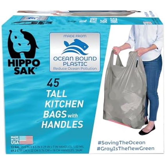 Tall Kitchen Garbage Bags with Ergonomic Handles - 13 Gallon Trash Bags Made from Recycled Ocean Bound Plastic - Super Strong and Leak Proof Tall Kitchen Trash Bags (45 Count)