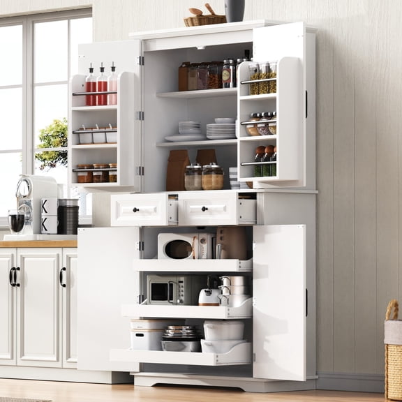 Tall Kitchen Pantry Cabinet with 3 Pull Out Cabinet Organizers, Farmhouse Embossed Texture Storage Cabinet with 6 Door Shelves, 2 Drawers, Freestanding Cupboard for Kitchen, Dining Room White