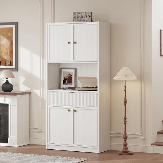 Tall Kitchen Pantry Cabinet, 70" Storage Cabinet with Countertop Shelf and Drawer, Freestanding Fluted Kitchen Hutch Cupboard for Dining Room, Living Room,White