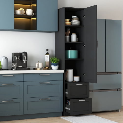 Tall Kitchen Pantry Cabinet with Adjustable Shelves and Drawer, Freestanding Storage Cabinet for Kitchen Dining Room Living Room, Black
