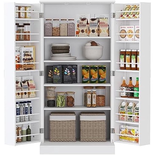 Tall Kitchen Pantry with Doors and Shelves Wooden Food Pantry