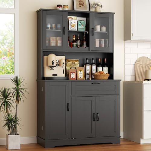 Tall Kitchen Pantry, Food Storage Pantry Cabinet with Hutch and Microwave Stand, Modern Coffee Bar Hutch with Shelves for Kitchen, Dining Room, Black$$Furniture
