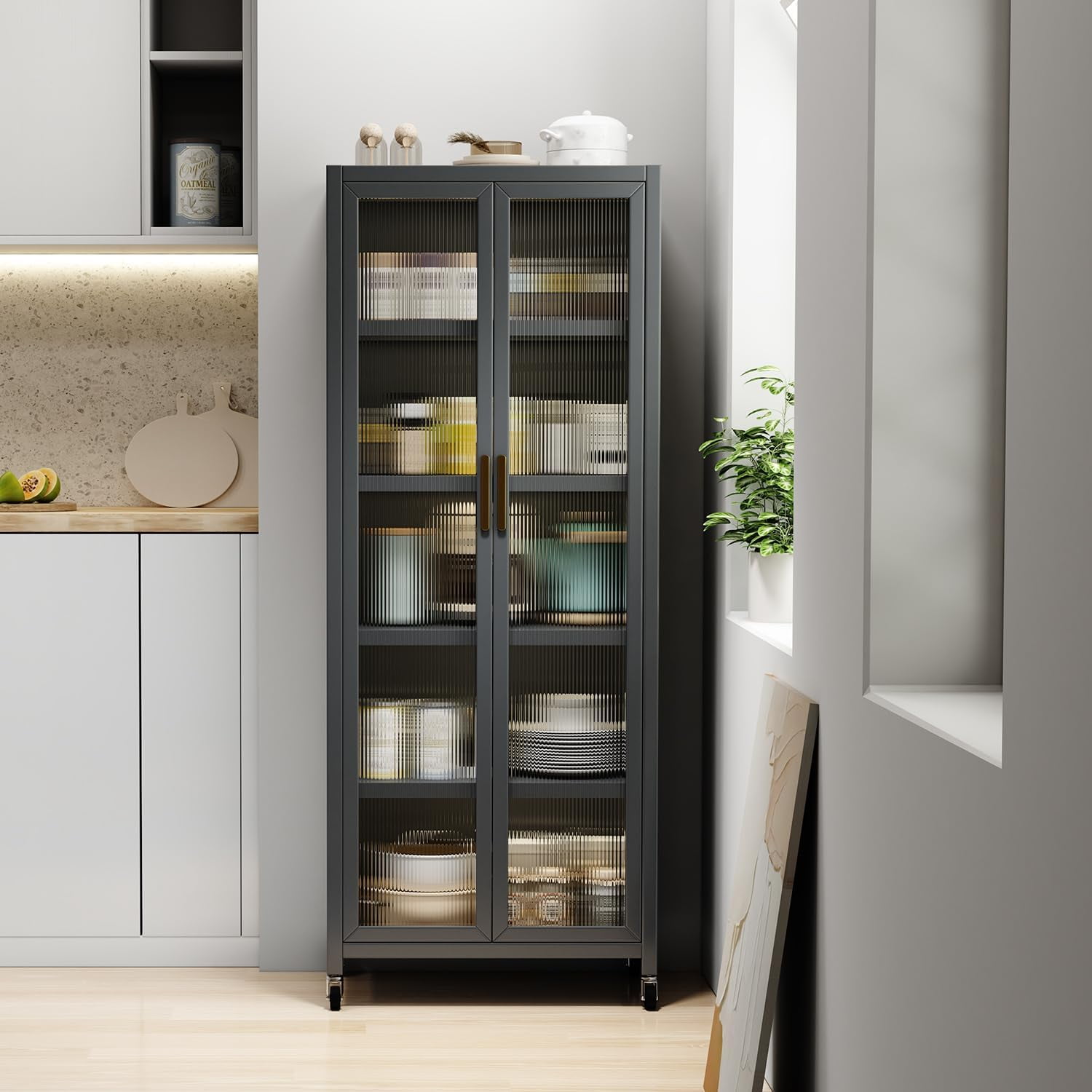 Tall Kitchen Pantry Storage Cabinet, 67" Metal Hutch Cabinet with ...