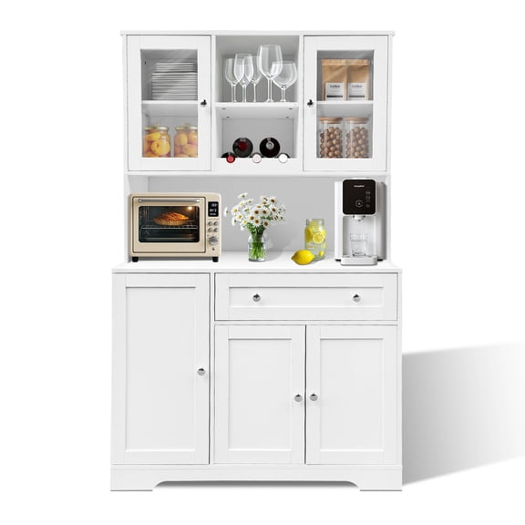 Tall Kitchen Pantry Storage Cabinet, Freestanding Kitchen Hutch Cabinet With Shelves And Drawer, Farmhouse Versatile Coffee Bar Storage Cabinet For Dining Room, Living Room Food Pantry-White