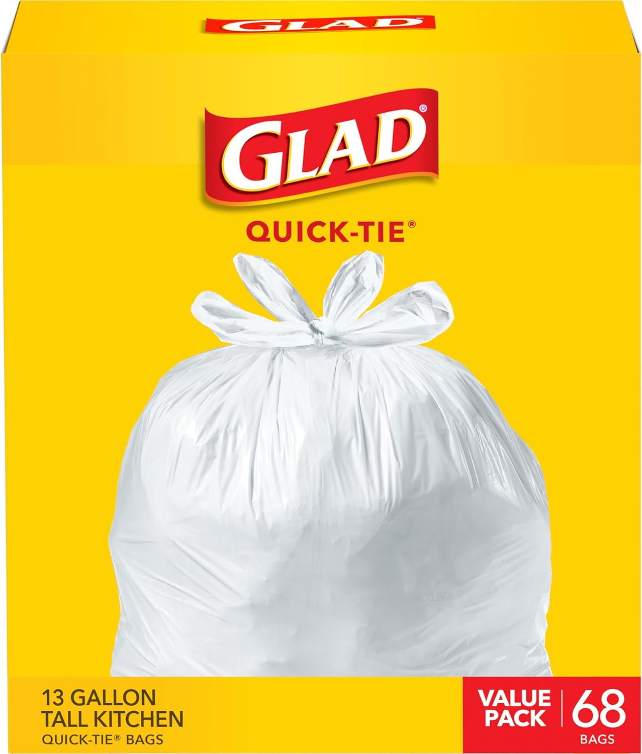 Tall Kitchen Trash Bags 13 Gallon, Unscented Garbage Bags, Quick-Tie, 68 Count