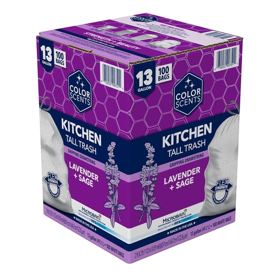 Tall Kitchen Trash Bags - 13 Gallon, 100 (1 Pack of Count), Drawstring White bag in Lavender + Sage Scent with Microban