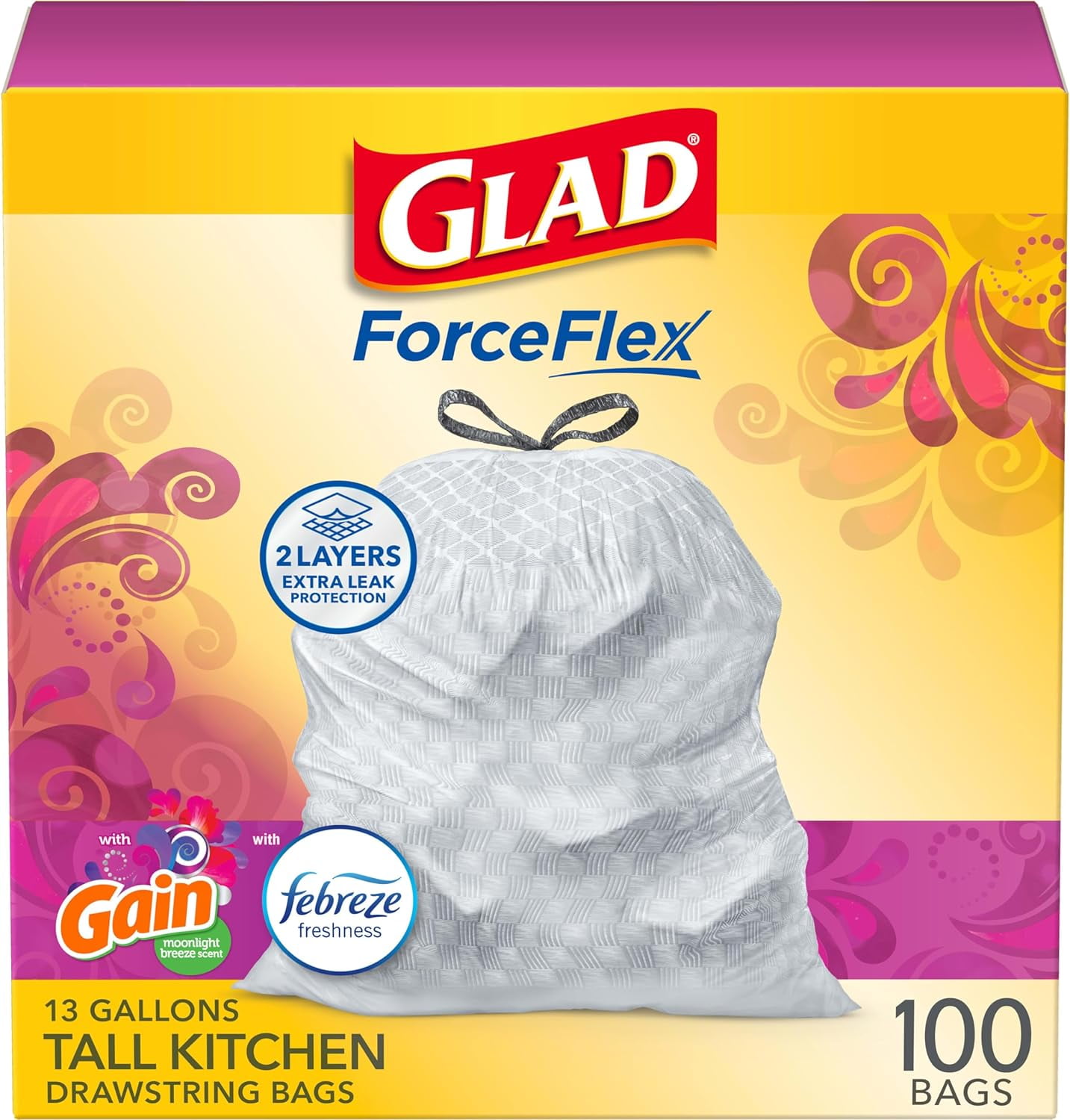 ForceFlex Tall Kitchen Trash Bags, 13 Gallon, Gain Moonlight Breeze, 100 Ct (Package May Vary)