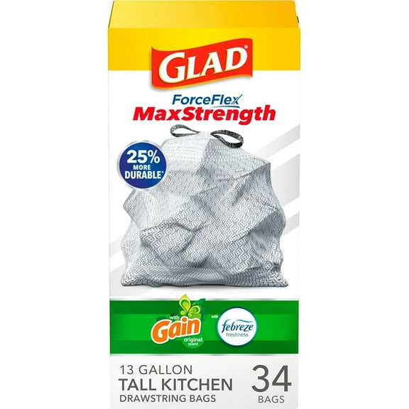 Tall Kitchen Trash Bags 13 Gallon, Gain Original Garbage Bags, Odorshield with Drawstring, 34 Count