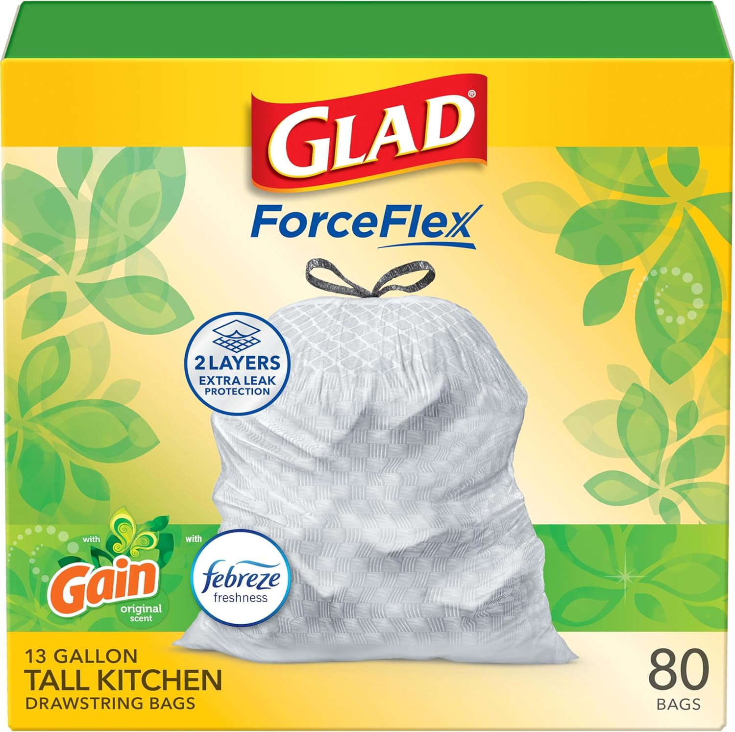 Tall Kitchen Trash Bags 13 Gallon, Gain Original Garbage Bags, Odorshield with Drawstring, 80 Count