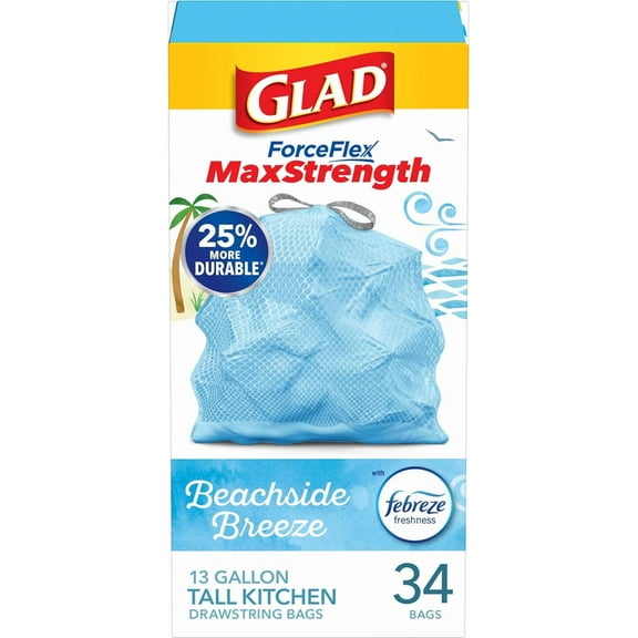 Tall Kitchen Trash Bags 13 Gallon, MaxStrength Beachside Breeze Garbage Bags, Odorshield with Drawstring, 34 Count