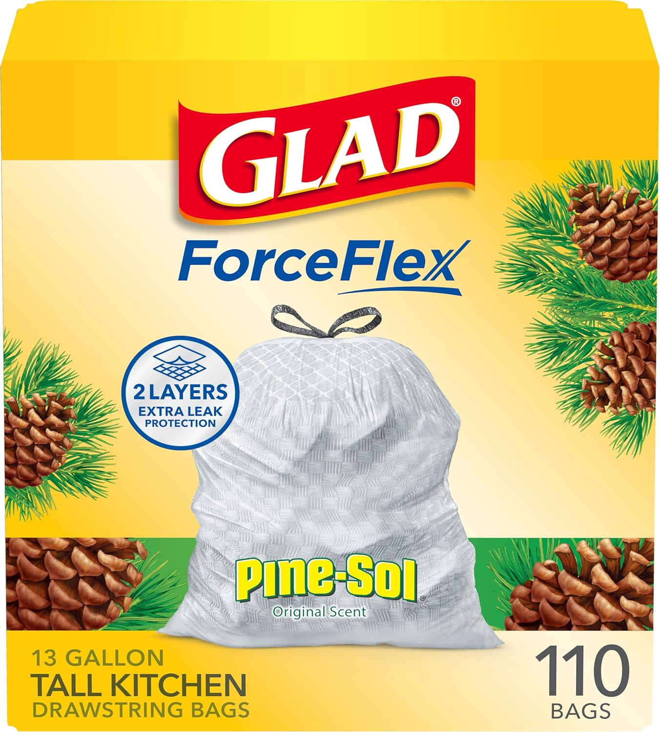 ForceFlex Tall Kitchen Trash Bags, 13 Gal, Pine-Sol Original, 110 Ct (Package May Vary)