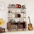 thumbnail image 1 of Tall Large Mid Century Modern Bookshelf with with Sliding Tambour Doors, 4-Tier Open Display Storage Shelf, Vinyl Record Player Stand for Home Office, Living Room, Walnut, 1 of 11