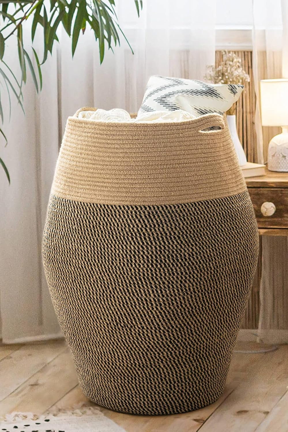 Tall Black and Beige Jute Rope Laundry Hamper with Handles