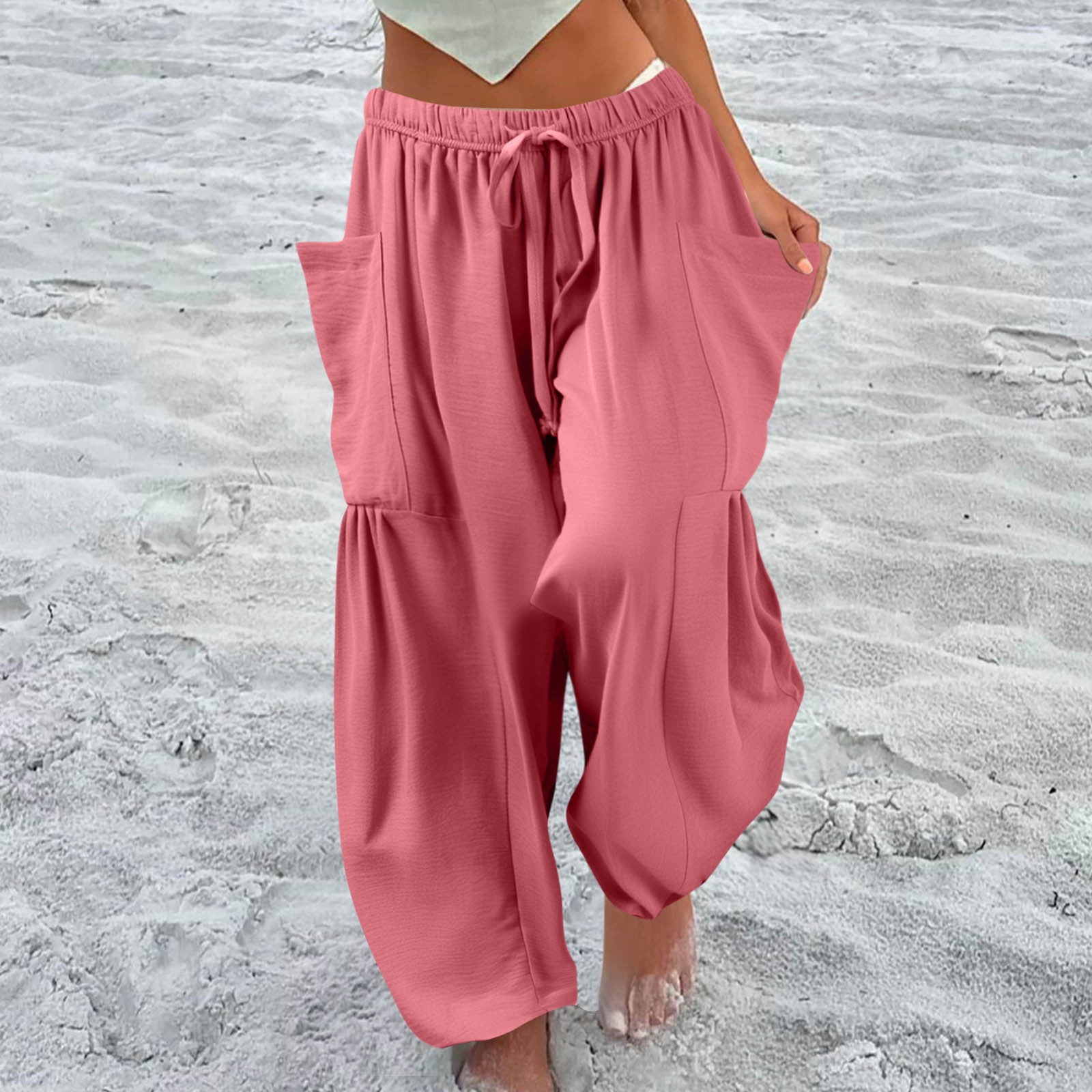 Tall Linen Pants Women Plus Size Wide Leg Elastic Waist Ankle Length ...