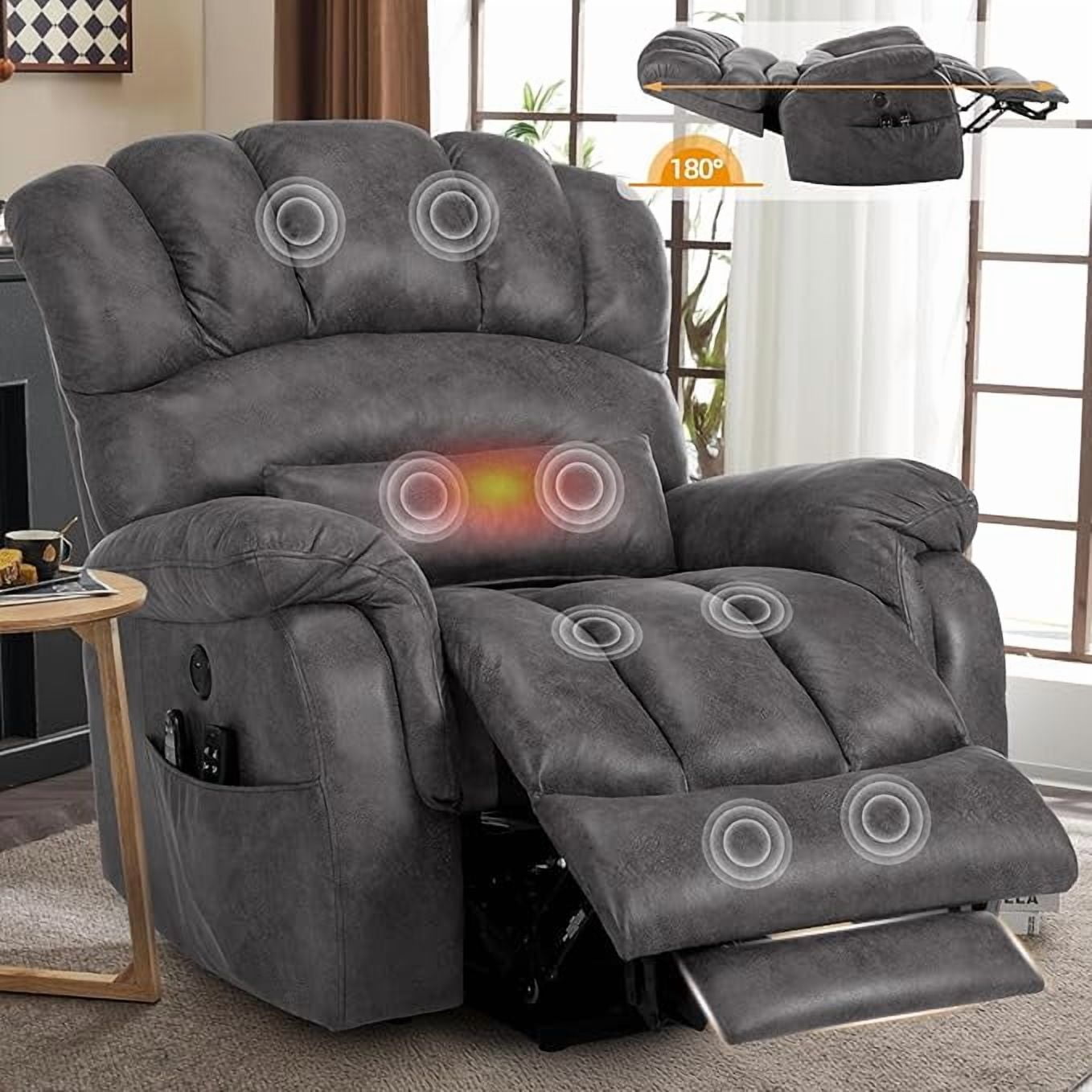 Tall Man Oversized Dual Motor Power Lift Recliner w/Heat Massage, Large Lay Flat Sleeper Electric Recliner with Extended Footrest for Elderly, Lumbar Pillow, USB & Type-C Ports, Gray