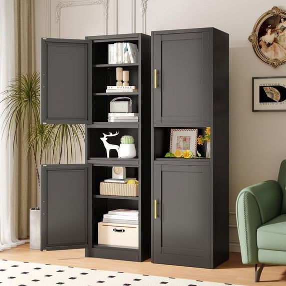 Tall Metal Bathroom Storage Cabinet, 67" Slim Narrow Organizer with Adjustable Shelves & Open Compartments, for Bathroom, Living Room, Home Office, Black