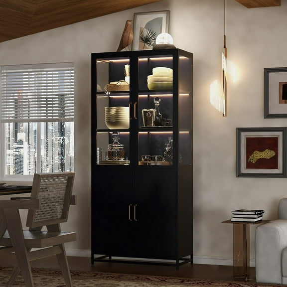 Tall Metal Display Cabinet w/4 Doors, 3-sided Glass Curio Cabinet w/LED Lights & Adjustable Shelves