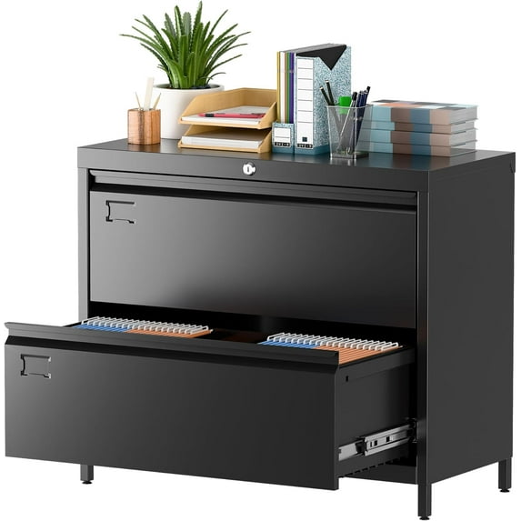 Tall Metal Lateral File Cabinet with Locking Glass Doors, Arched Bookcase with Drawers for Home Office, Assembly Required