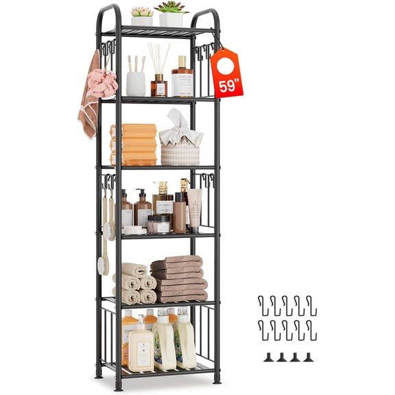 Tall Metal Narrow Skinny Shelf Free Standing for Bathroom, Thin Shelving Unit for Pantry or Kitchen, Slim Open Tower Rack with Hooks, Space Saving and No Tools Assembly