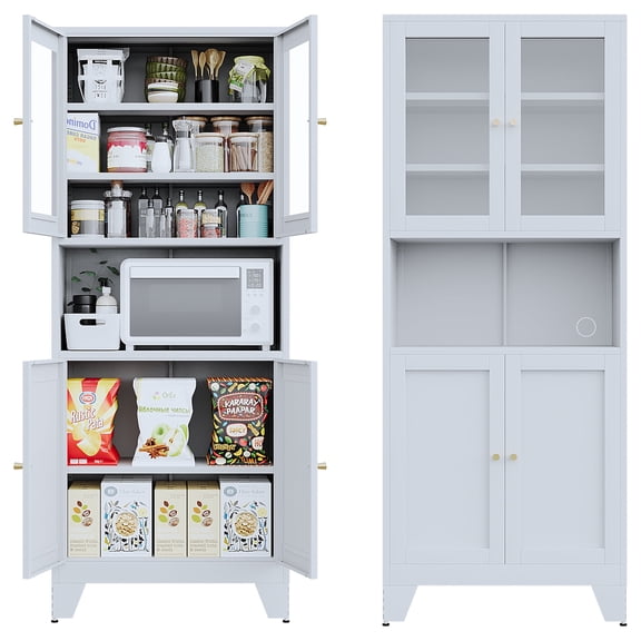 Tall Metal Pantry Cabinet with Microwave Stand,Microwave Storage Cabinet with 4 Doors & 3 Adjustable Shelves for Kitchen
