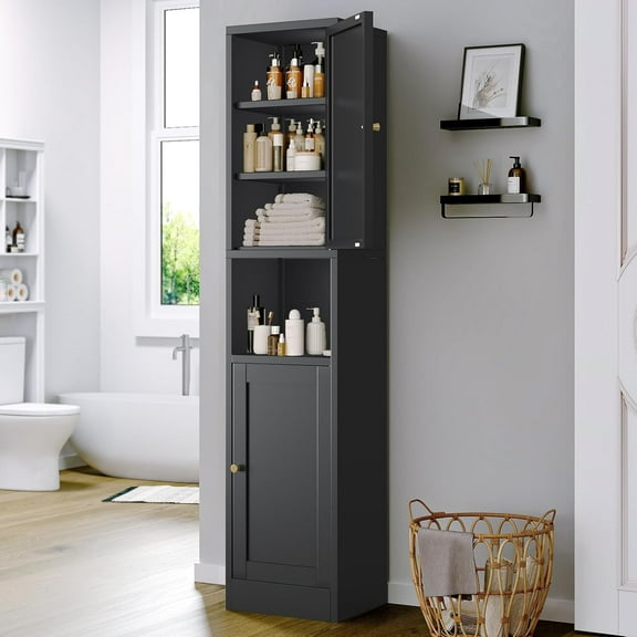 Tall Metal Pantry Storage Cabinet with Glass Door, Microwave Cabinet with Doors & Adjustable Shelves, Kitchen Pantry Cupboard for Bathroom, Living Room, Kitchen, Pantry