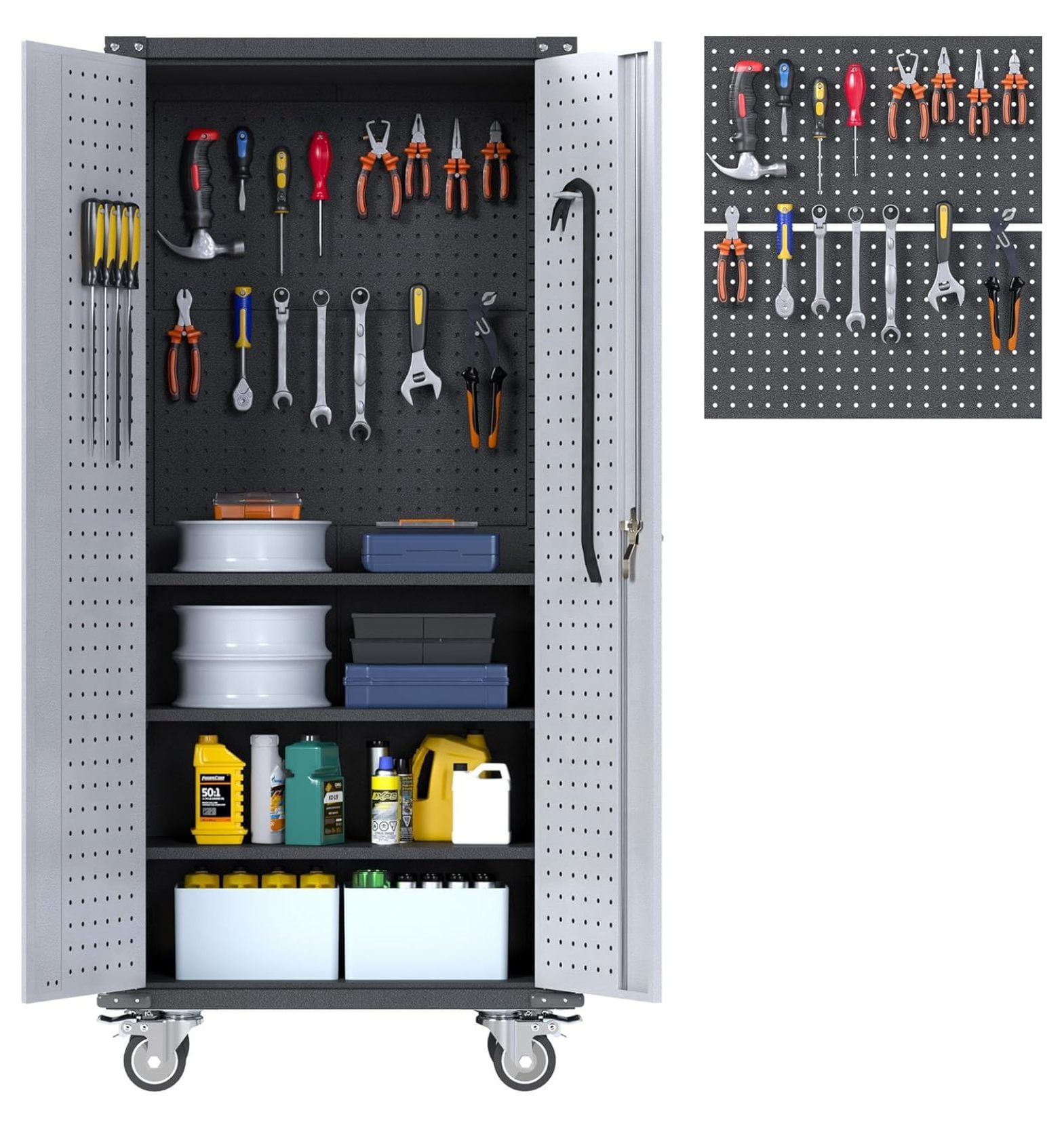 Tall Metal Pegboards Tools Storage with Wheel for Garage