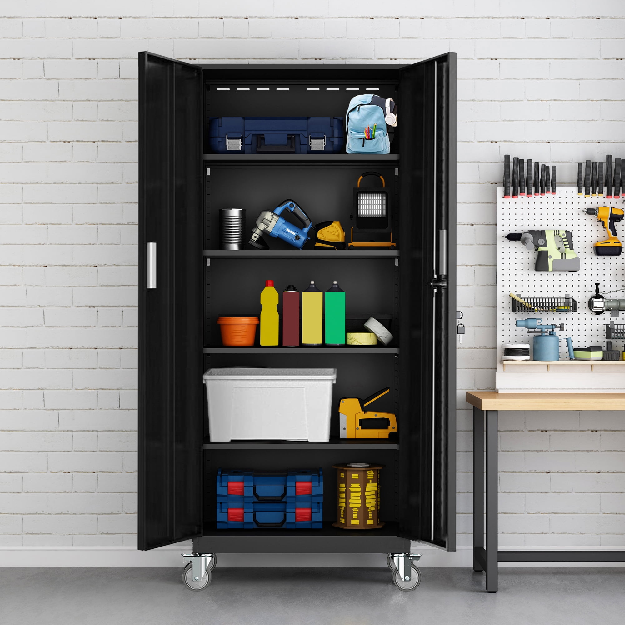Bentism Metal Rolling Garage Cabinet 74'' Tall Industrial Storage Cabinet with Wheels, Locking Doors and 4 Adjustable Shelves Large Steel Utility Tool