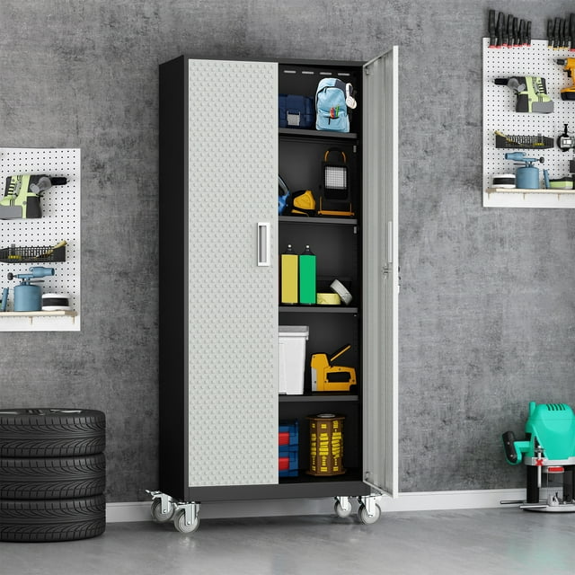 HeavyDuty Metal Storage with Lock, 4 Shelves, Wheels for Office, Garage, School, Gym