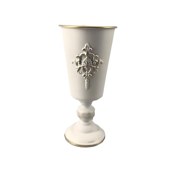 CCMAOLU Tall Metal Urn Planter Distressed White Finish,Rustic Farmhouse Pedestal Vase for Floral Arrangements,Vintage Roman Flower Pot for Wedding Centerpiece,Indoor Outdoor Decor for Home and Garden
