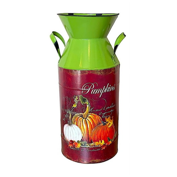 Tall Metal Vase Milk Can Water Jug Fall Designed Rustic Flower Holder Decor Colorful Seasonal Thanksgiving Autumn Home Room Accessory 17" H (Green & Pumpkins)
