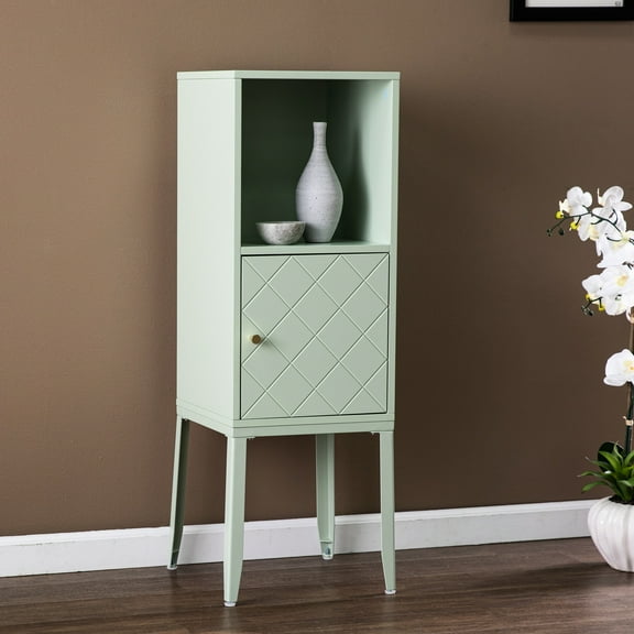 Tall Mint Storage Cabinet - Store Everything Neatly Small Space Design Crosshatch Pattern Decor Color Declutter Your Life Spacious Interior Modern