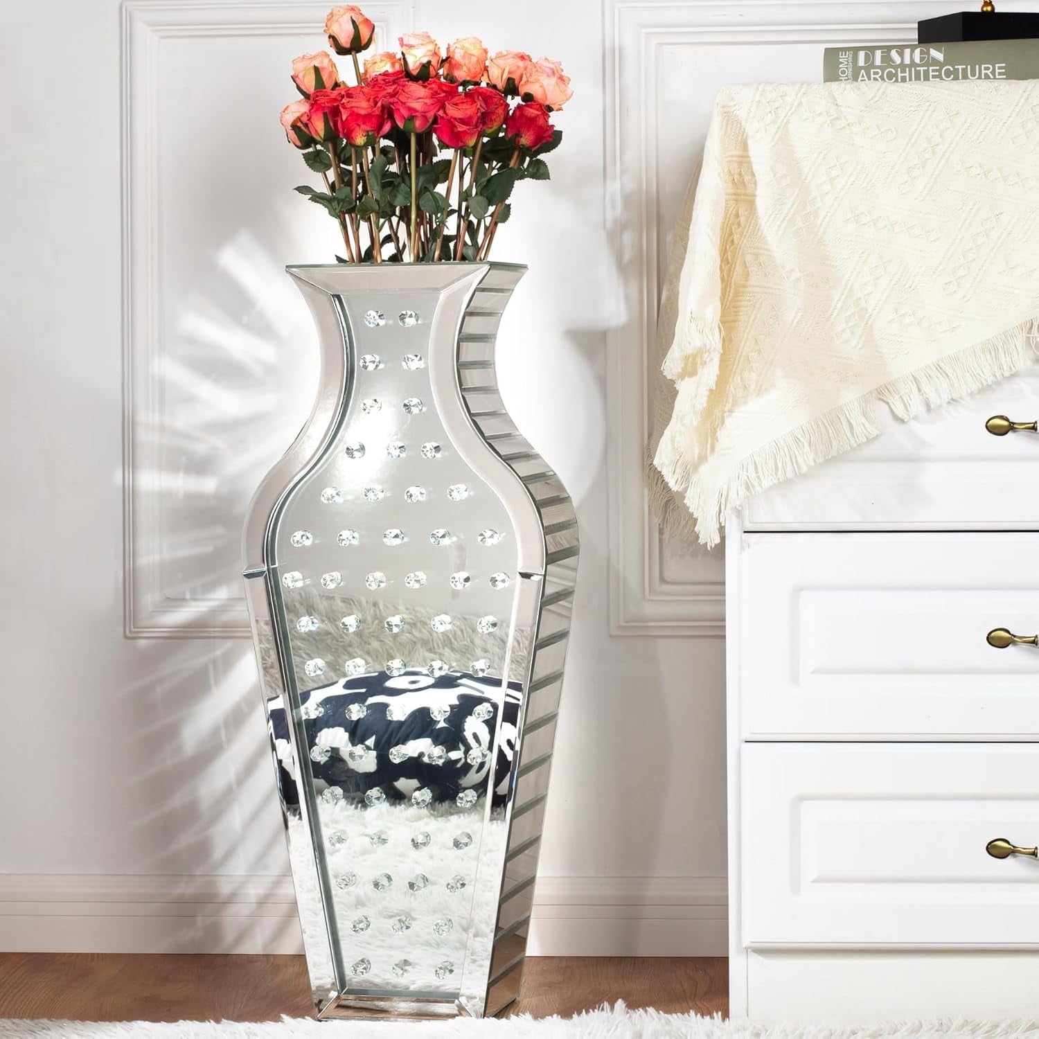 Tall Mirrored Crystal Floor Vase 28 inch High, Silver Decorative Tall ...
